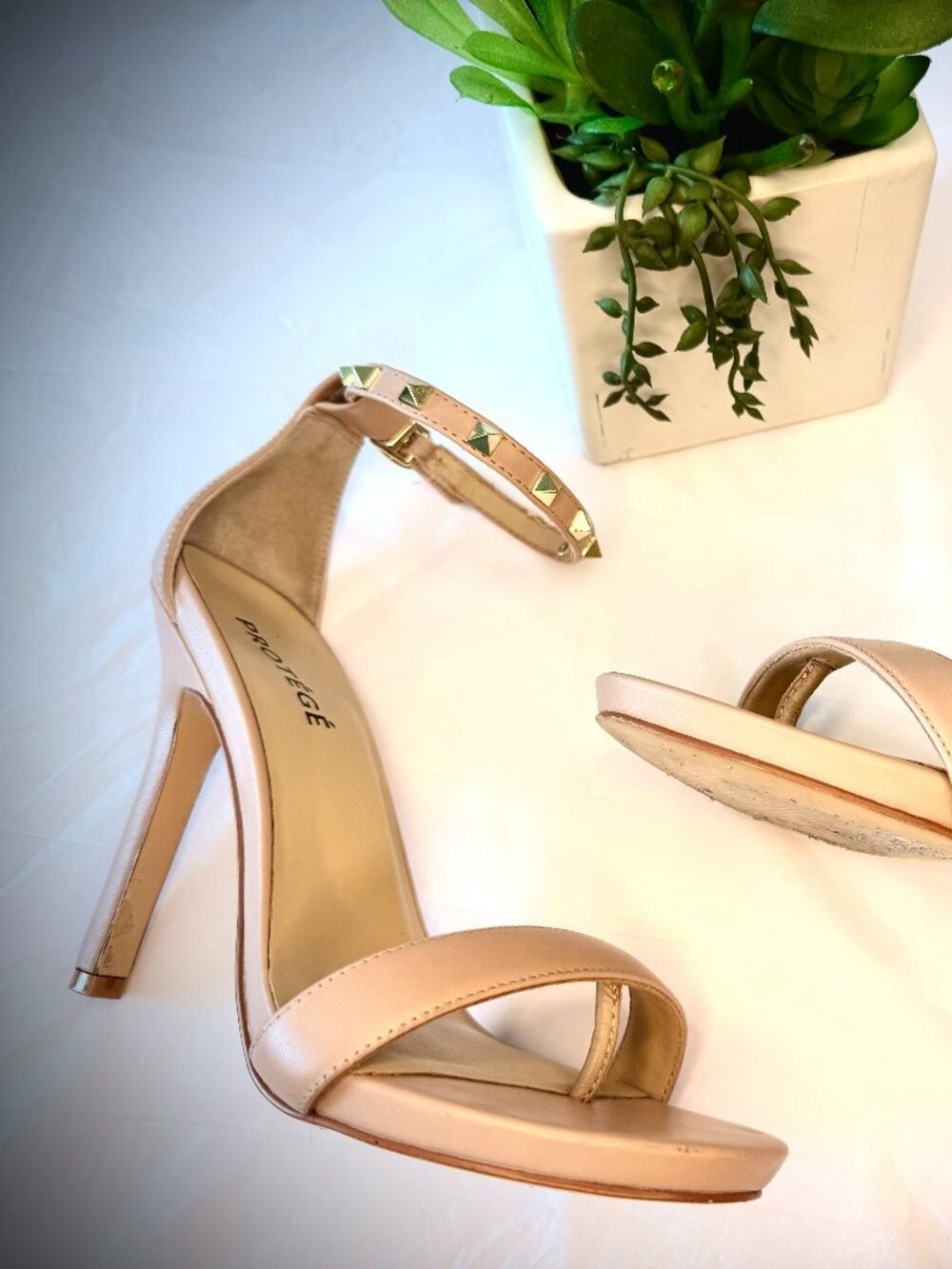 PROTEGE Nude Studded Stiletto Heels w/ Blush Ankle Strap - WOMEN'S SIZE 6.5